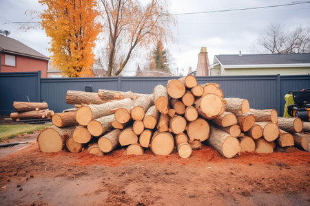 split logs of various sizes piled in a yardの素材