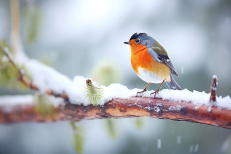 vibrant robin standing on a snow-laden pine branchの素材