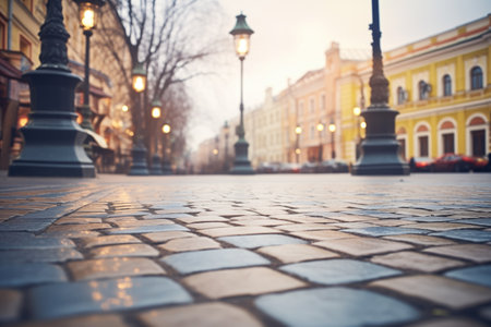 glimmering lampposts on a cobblestone streetの素材