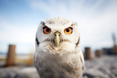 a solitary snowy owl glaring directly into the cameraの素材
