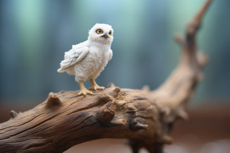 fluffy snowy owl chick standing on a low branchの素材