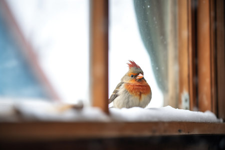 bird perched on a snowy barn window sillの素材