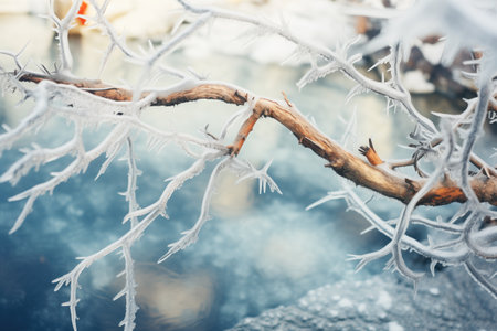 close-up of icy branches above steaming waterの素材