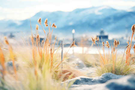 frosted grasses with backdrop of hot spring steamの素材