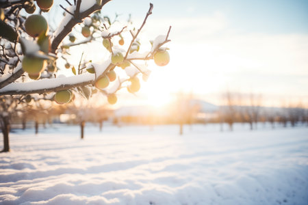 the morning sun cresting over a snowy orchardの素材