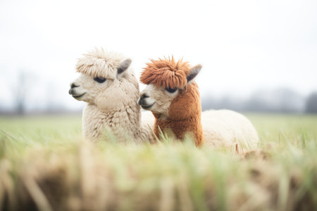 alpacas in a field, snuggled side-by-sideの素材