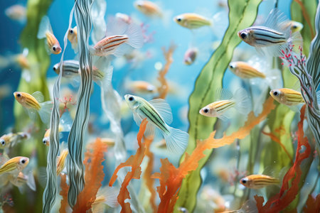 school of guppies with multicolored tails in freshwater tankの素材