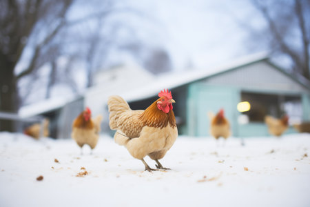 chicken pecking at snowy ground for feedの素材