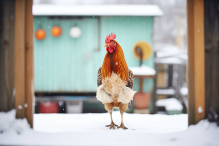 rooster standing on one leg in a snowy coopの素材