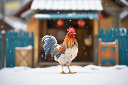 rooster standing on one leg in a snowy coopの素材