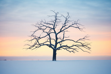 silhouette of a leafless tree during a snowfall at duskの素材
