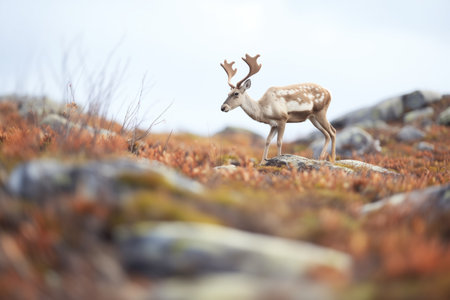 caribou walking past boulder field in tundraの素材