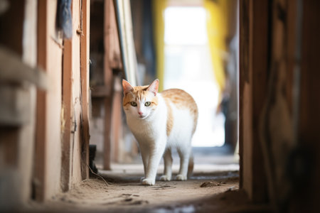 tense cat with arched back in barn corridorの素材