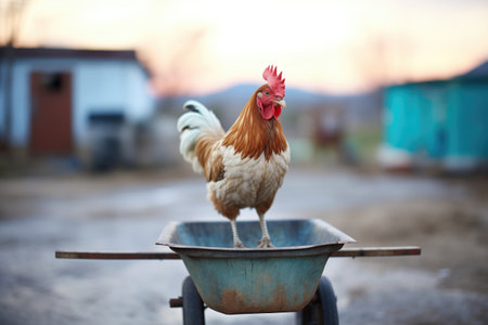 single chicken perched on rustic wheelbarrow at end of dayの素材
