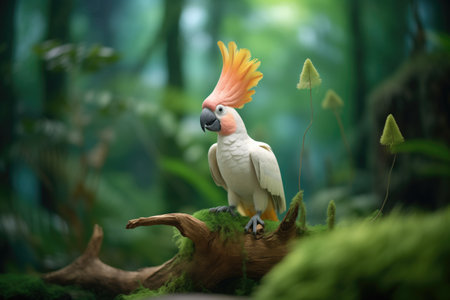 cockatoo with crest raised in a lush, green forestの素材