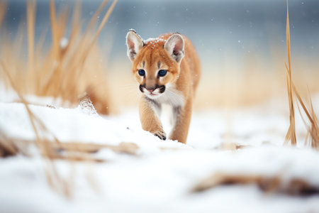 puma prowling in snow-covered terrainの素材