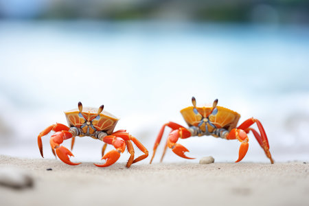 two crabs engaging in a standoff on the beachの素材