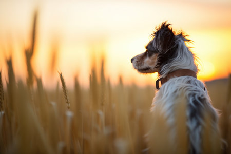 canine silhouette against the sunset over a wheat fieldの素材