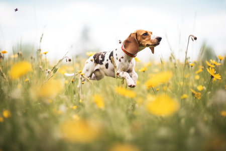 hound chasing butterflies in a wildflower meadowの素材