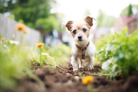 small terrier digging in a garden patchの素材