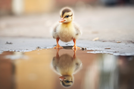 duckling reflection in a clear puddleの素材