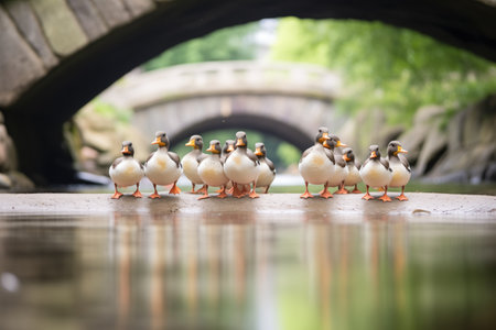 ducks waddling in a row under a stone bridgeの素材