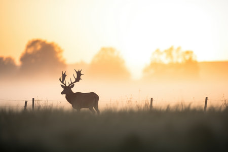 silhouette of elk at sunrise in a misty fieldの素材