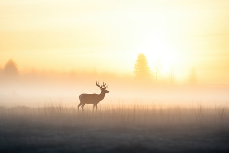 silhouette of elk at sunrise in a misty fieldの素材