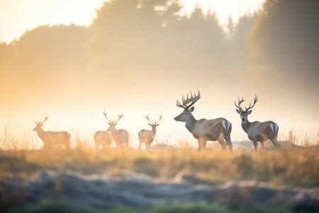 morning fog surrounding elks in a clearingの素材
