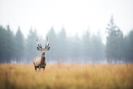 lone elk with velvet antlers in a foggy meadowの素材