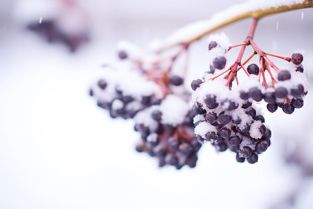 dark purple elderberries with a coating of soft snowの素材