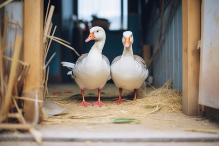 two geese at nest side by side in a protective stanceの素材