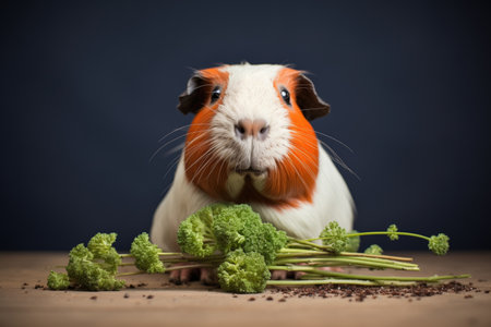 wide-eyed guinea pig near kale bunchの素材
