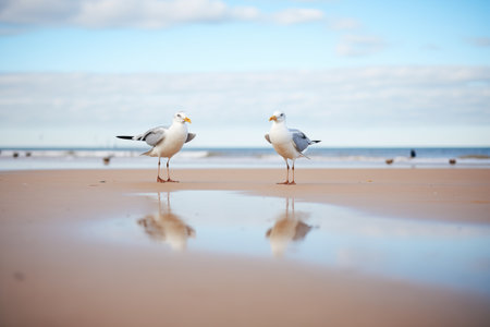 two gulls facing each other, footprints around them on the beachの素材