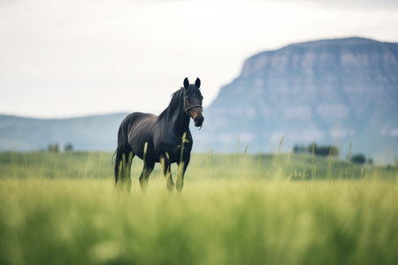 black stallion in a green pasture with mountains backgroundの素材