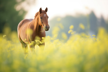 sorrel horse in a patch of buttercups during golden hourの素材