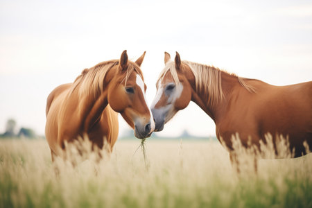 pair of horses nuzzling in a fieldの素材
