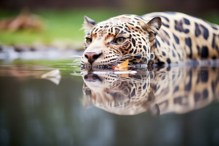 reflection of jaguar drinking water from a still pondの素材