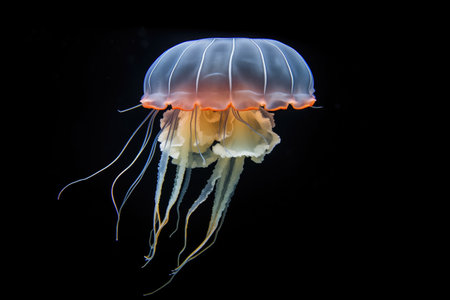 bioluminescent jellyfish in dark waterの素材