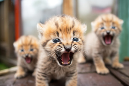cub trying to roar next to siblingsの素材