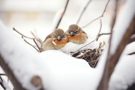 two sparrows huddled in a snow-dusted nestの素材