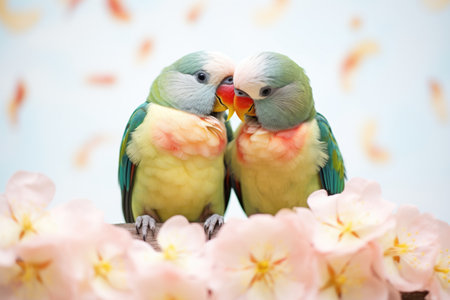 lovebirds nuzzling under a blooming flowerの素材
