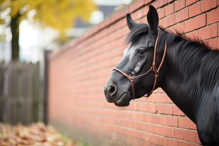 black mule with a shiny coat beside a brick fence lineの素材