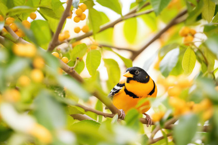 oriole hidden among the leaves of an orange tree, peeking outの素材