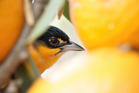 close-up of oriole eye amid orange groveの素材