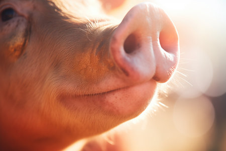 pig snout close-up with sunlight flareの素材