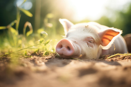 pig sleeping peacefully in sunny patchの素材