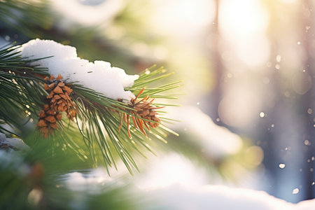 close-up of snow-covered pine needles glistening under sunlightの素材