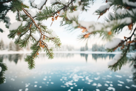 snowy pine branches framing a frozen lake in distanceの素材