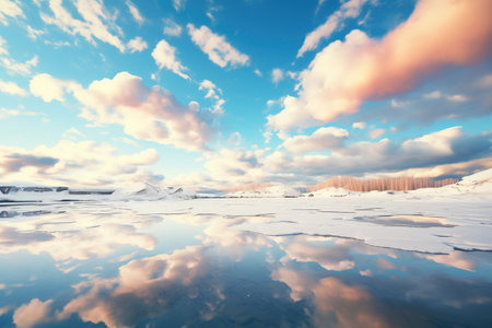 frozen lake with clouds reflected on the icy surfaceの素材